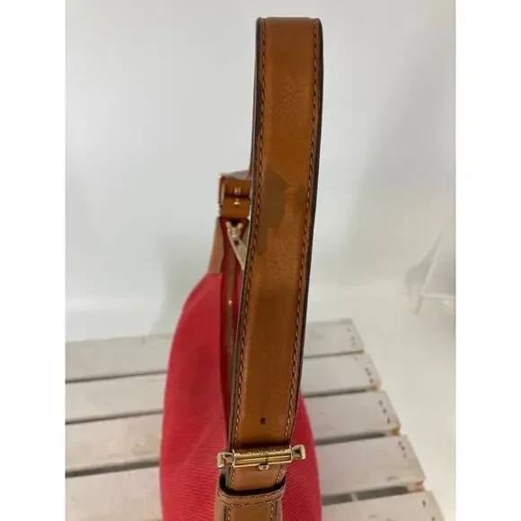 MICHAEL KORS, LARGE RED CANVAS, BROWN LEATHER SHOULDER BAG - Picture 6 of 16